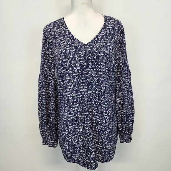 Cabi Tunic Top Blouse Size M Blue Script Print V-neck Relaxed Breezy Lightweight - Picture 1 of 13